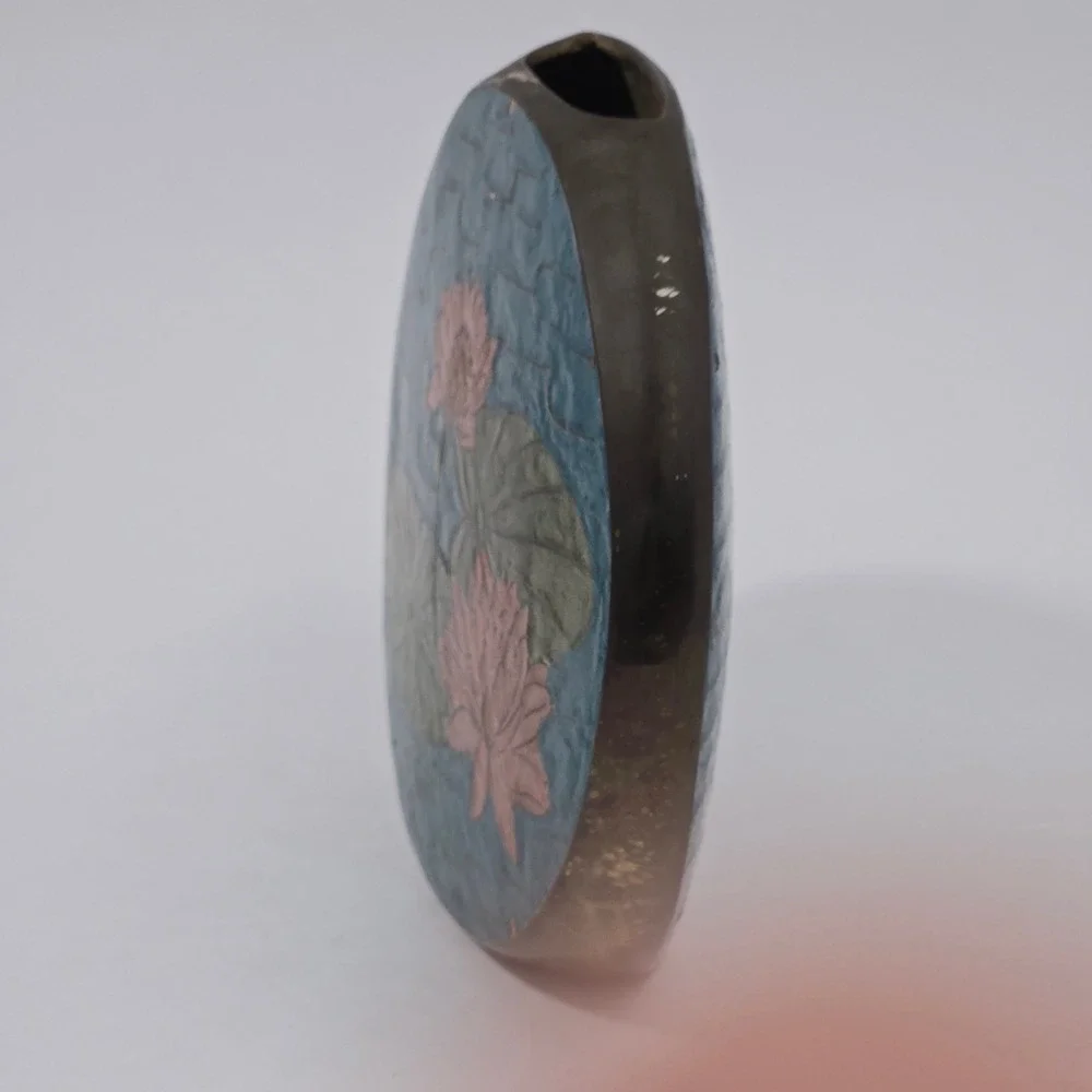 Vintage Indian Brass Cloisonne Lotus Flower Flat Oval Vase Decorated Metal